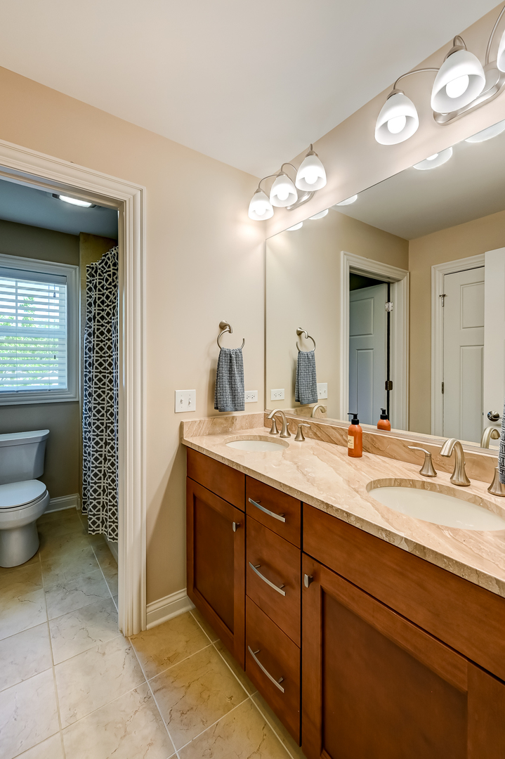 5607 Hillcrest Road Downers Grove, IL 60516 - Photo 30 of 50 a spacious bathroom with a granite countertop sink a toilet and a mirror
