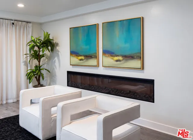 a living room with a potted plant and a window