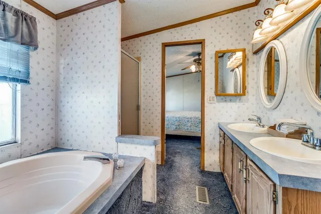 a bathroom with a tub sink and mirror