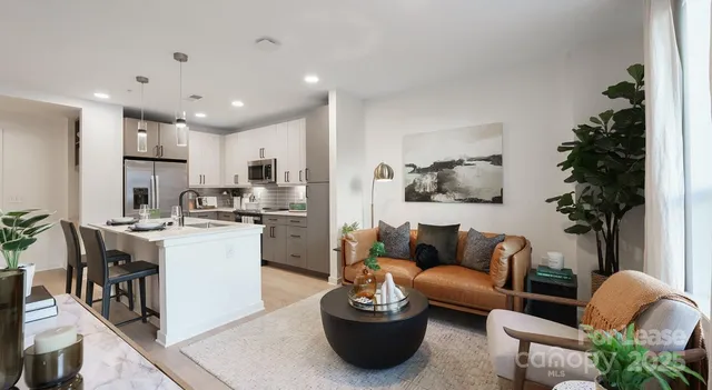 a living room with furniture kitchen and a potted plant