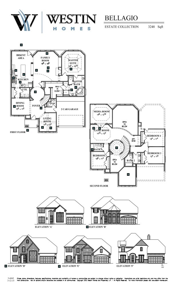 7907 Augusta Creek Court Spring, TX 77389 - Photo 49 of 49 The Westin Homes Bellagio floor plan offers a spacious 3,248 sq ft layout with a two-story design. The first floor features a master suite, family room, kitchen, dining, living room, and a two-car garage. The second floor includes three bedrooms, a media room, game room, and additional bathrooms. Multiple exterior elevations are available for varied curb appeal.