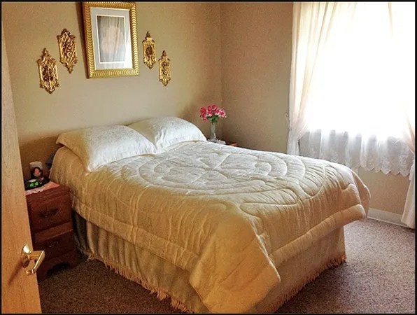 a bedroom with a bed and window