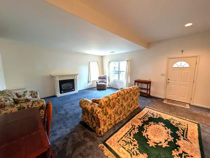 a living room with furniture rug and wooden floor