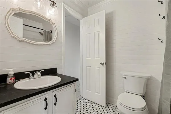 a bathroom with a sink a toilet and a mirror