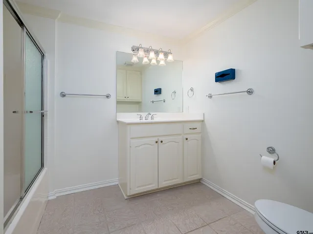 a bathroom with a sink a toilet and mirror