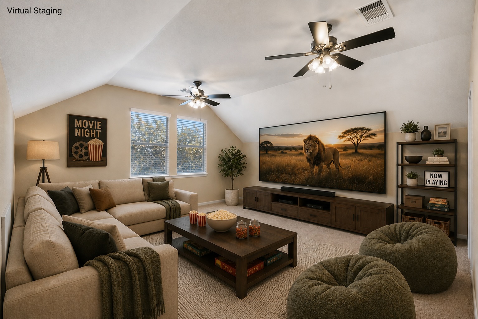 3501 Shellcastle Lane Round Rock, TX 78681 - Photo 16 of 18 A third option for the upstairs loft is shown here virtually staged as the ultimate entertainment lounge, where family and friends can gather for movie nights, game days, and everyday relaxation. What will you use this loft for? The possibilities are endless!
