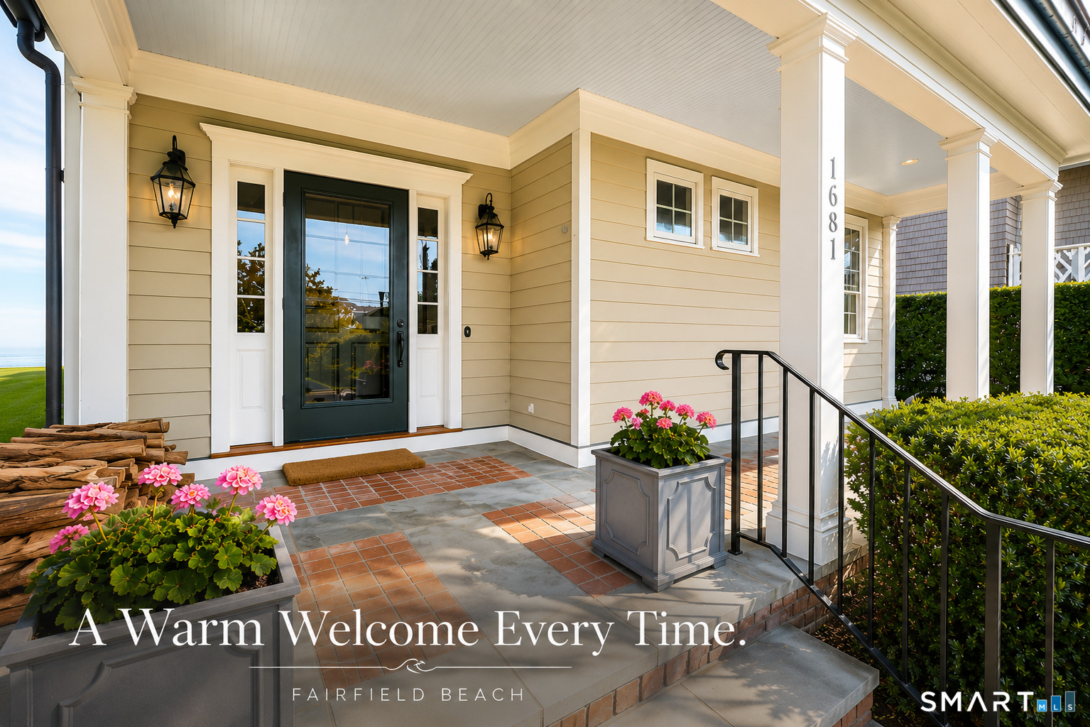 1681 Fairfield Beach Road Fairfield, CT 06824 - Photo 3 of 36 From the moment you arrive, the home's attention to detail is evident. Warm-toned brick, substantial columns, and a gracious covered porch create an inviting first impression.