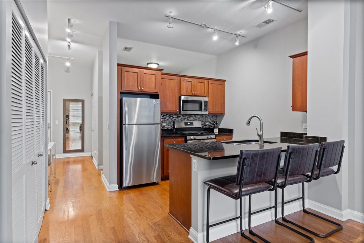 2025 South Indiana Avenue, Unit 407 Chicago, IL 60616 - Photo 8 of 17 a kitchen with stainless steel appliances granite countertop a refrigerator and a stove top oven