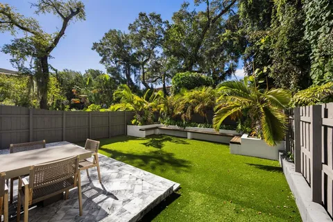 a view of a backyard with swimming pool