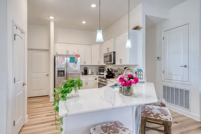 a view of a dining room with furniture a potted plant and wooden floor