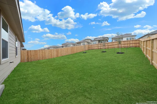 a view of a yard with an tree and wooden fence