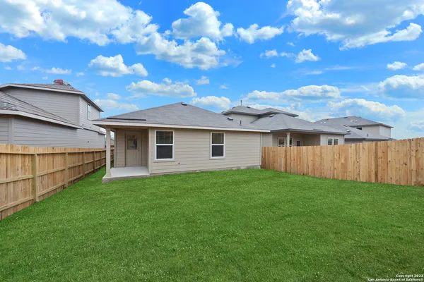 a view of a backyard with potted plants and large tree