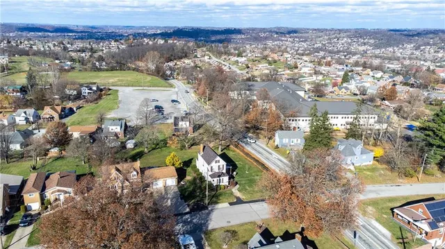 an aerial view of city and lake with trees