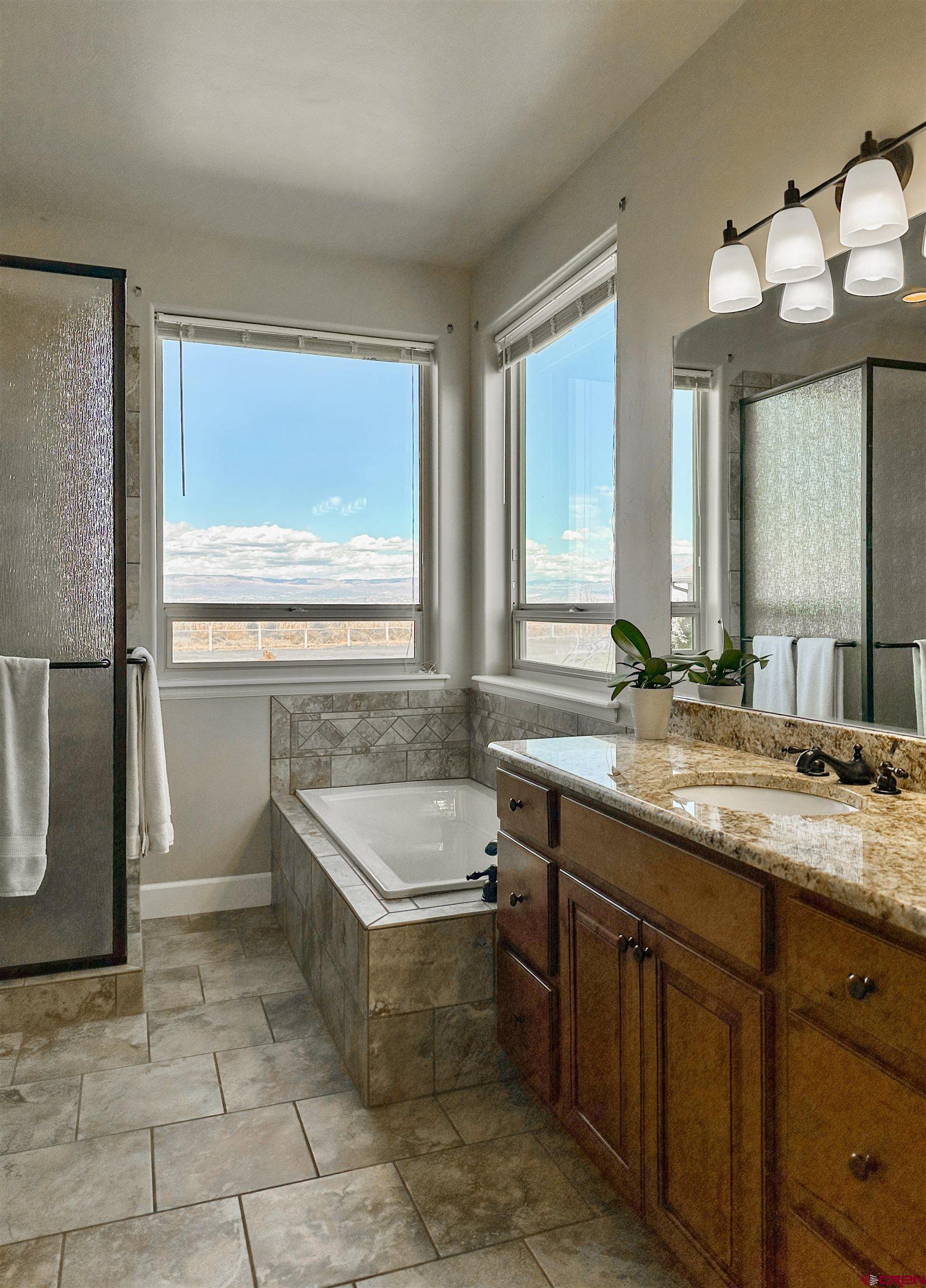 424 Shilo Court Delta, CO 81416 - Photo 21 of 45 a bathroom with a granite countertop sink a large mirror and a bathtub