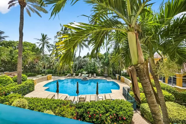 a view of a swimming pool with a garden