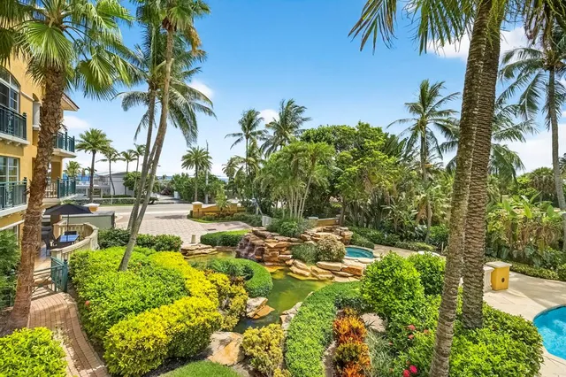 a view of a patio with couches table and chairs potted plants and palm trees