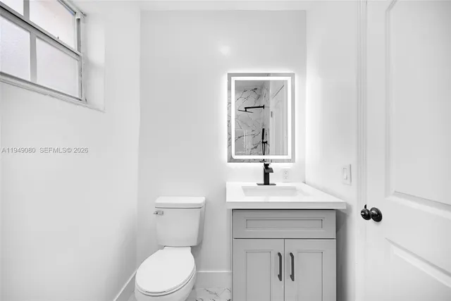 a bathroom with a sink toilet vanity and mirror