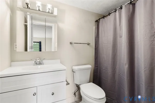 a bathroom with a sink a toilet a mirror and shower curtain