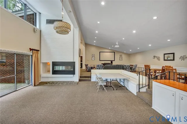 a view of a park with large trees