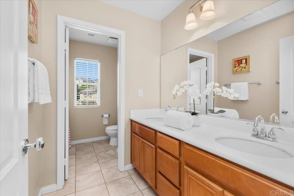 838 Luminara Way San Marcos, CA 92078 - Photo 40 of 54 a bathroom with a granite countertop sink a toilet and a mirror