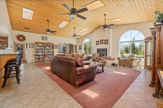 a living room with furniture ceiling fan and a fireplace