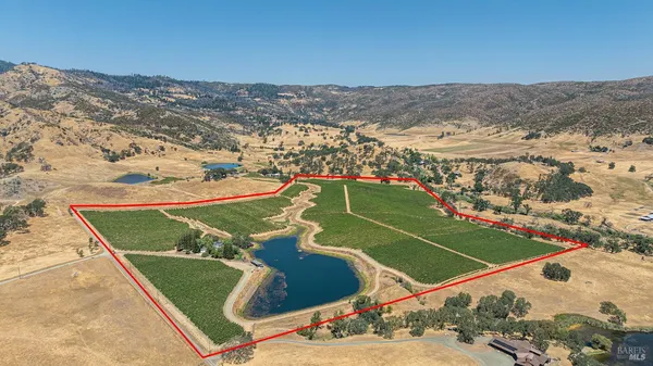 an aerial view of a pool