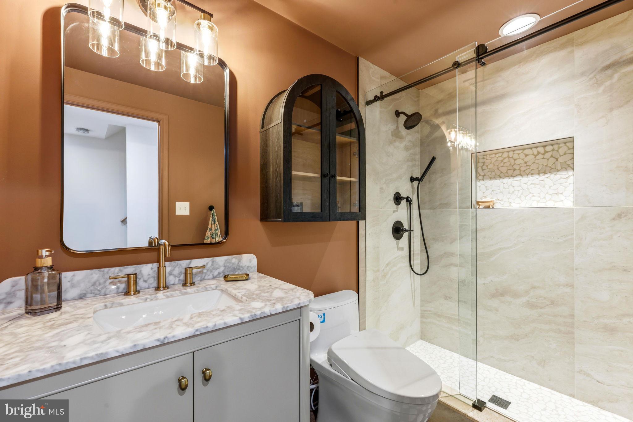 6513 Apple Blossom Ride Columbia, MD 21044 - Photo 63 of 115 a bathroom with a granite countertop sink toilet and shower