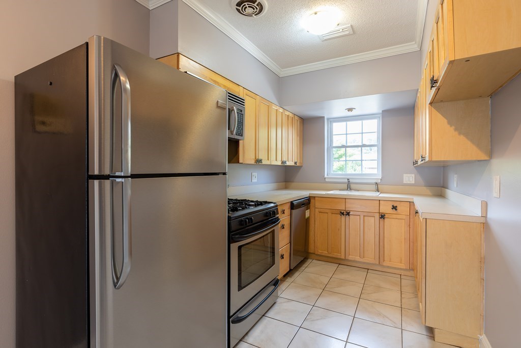 177 Lake Shore Road, Unit 3 Boston, MA 02135 - Photo 4 of 20 a kitchen with stainless steel appliances granite countertop a refrigerator and a sink