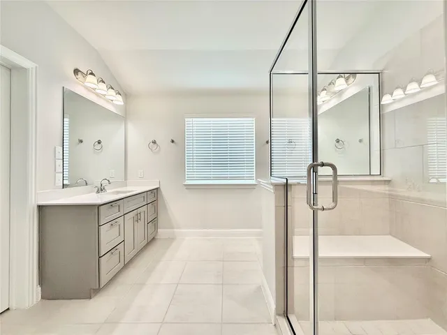 a bathroom with a shower sink and mirror