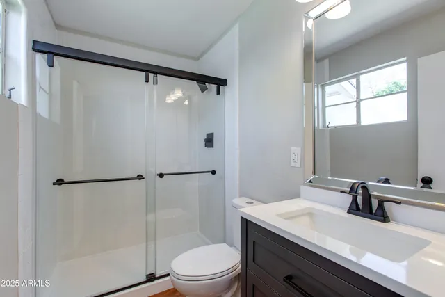 a bathroom with a sink a mirror toilet and shower