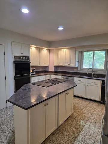 a kitchen with kitchen island granite countertop a sink cabinets and stainless steel appliances