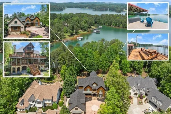 an aerial view of green landscape with trees houses and lake view