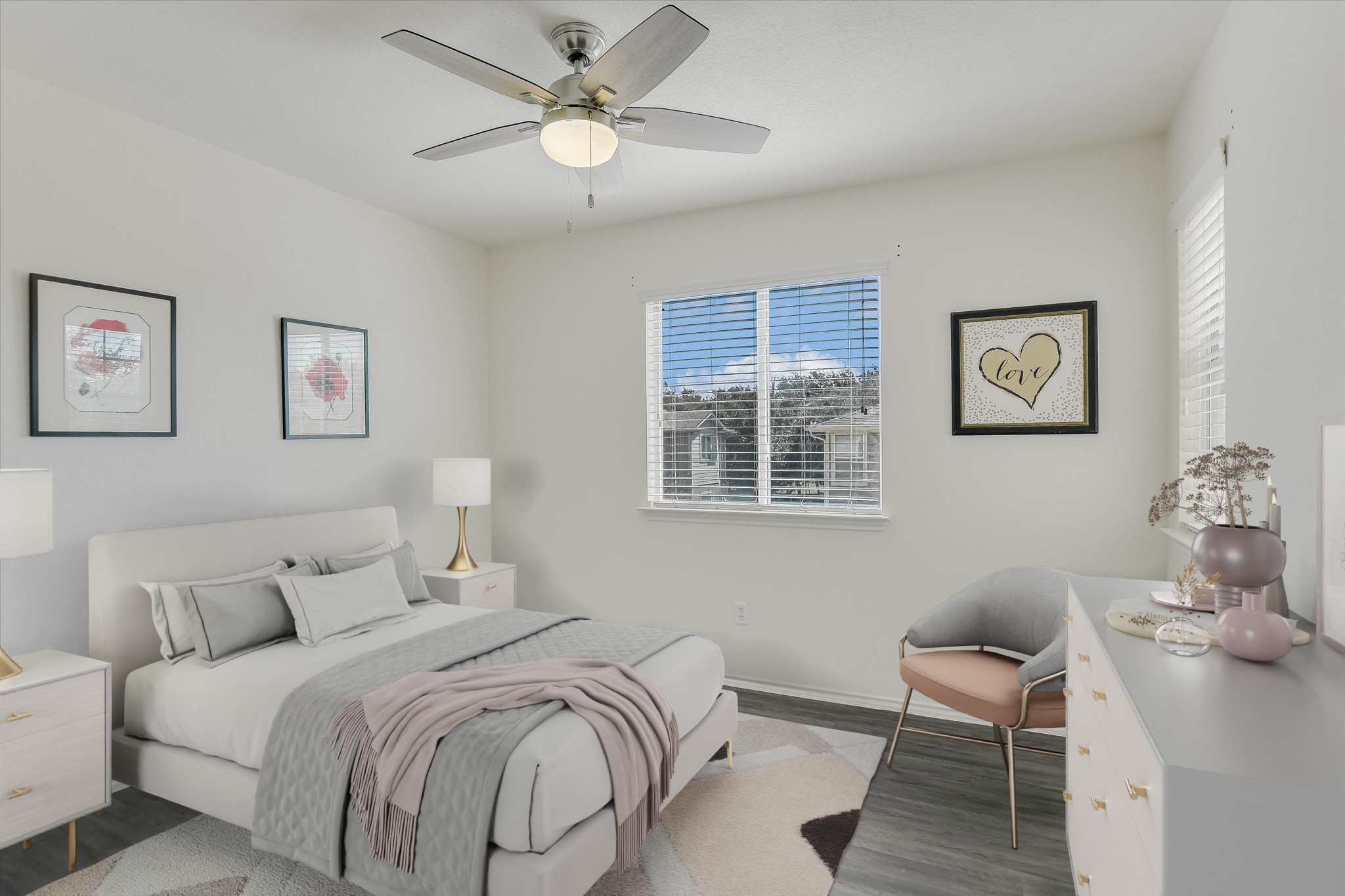 809 Sebastian Bend, Unit B Pflugerville, TX 78660 - Photo 6 of 34 Bedroom with wood finished floors, a ceiling fan, and multiple windows
*Virtually Staged*