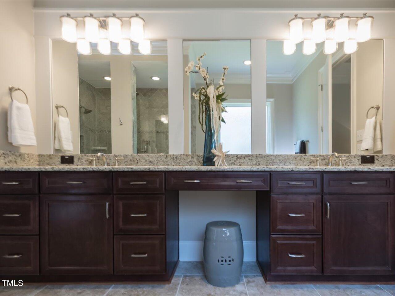 3105 Colmar Manor Drive Cary, NC 27519 - Photo 22 of 61 a bathroom with a granite countertop sink and a large mirror