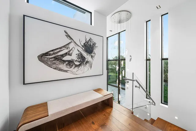 a view of a garden and swimming pool