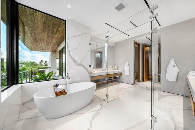 a view of swimming pool with palm trees