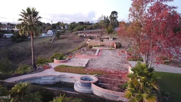 a view of a backyard with plants and a patio