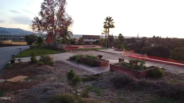 a view of a backyard with table and chairs plants and trees