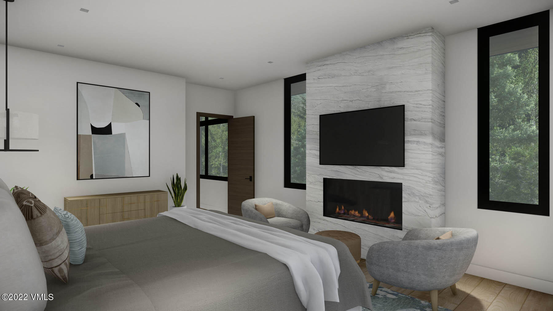 5002 Snowshoe Lane Vail, CO 81657 - Photo 18 of 29 a bedroom with a bed a fireplace and a television