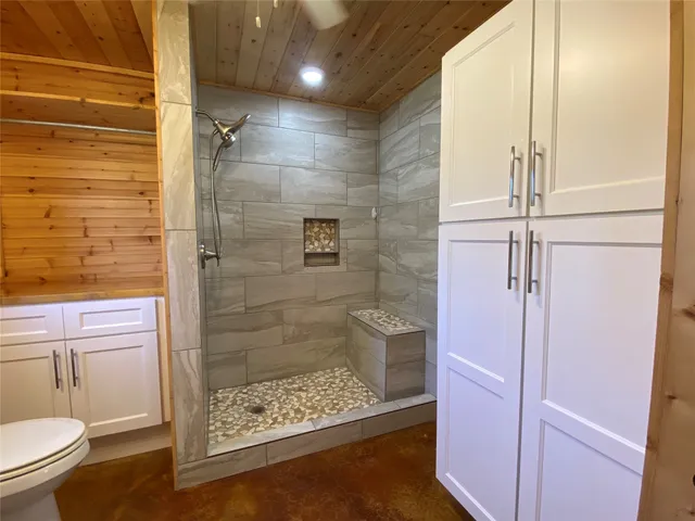 a bathroom with a shower and a toilet