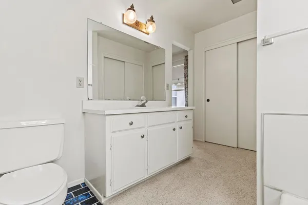 a bathroom with a toilet a sink a mirror and a shower