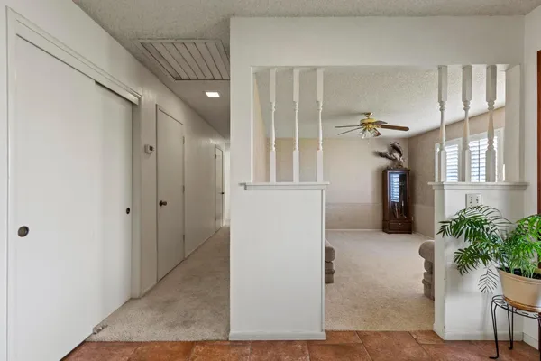 a view of a hallway with furniture and a potted plant
