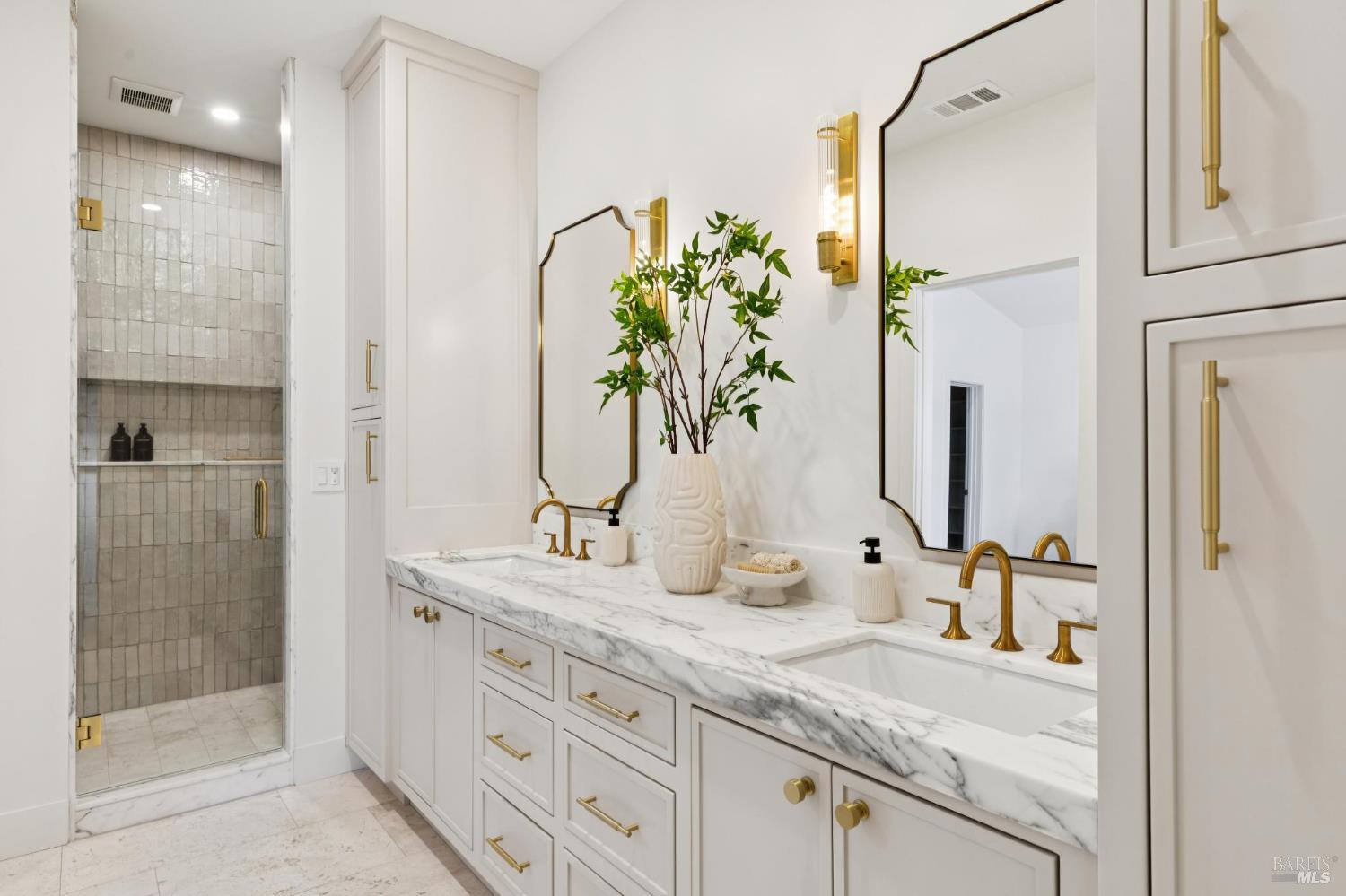 1860 McKinley Road Napa, CA 94558 - Photo 51 of 89 a bathroom with a granite countertop sink a potted plant and a shower