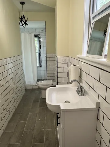 a bathroom with a sink a toilet and mirror