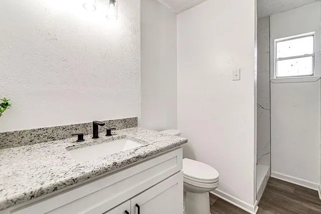 a bathroom with a granite countertop sink a toilet and a mirror