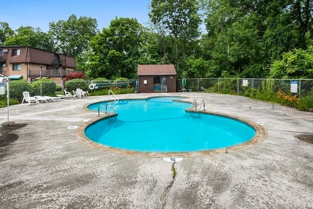 a view of a swimming pool with a yard