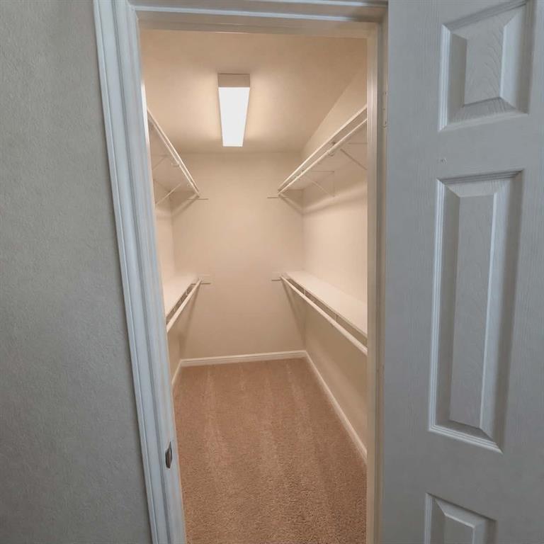 14752 Ranch Road Forney, TX 75126 - Photo 17 of 40 Primary bedroom- Walk-in closet featuring light beige carpet, white wire shelving, and an overhead fluorescent light fixture-This photo was taken before family moved in