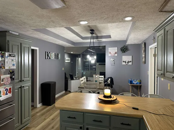 a kitchen with refrigerator and a counter space
