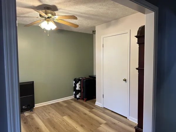 a view of a livingroom with a chandelier fan and a closet