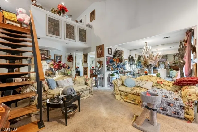 a living room with furniture and a book shelf